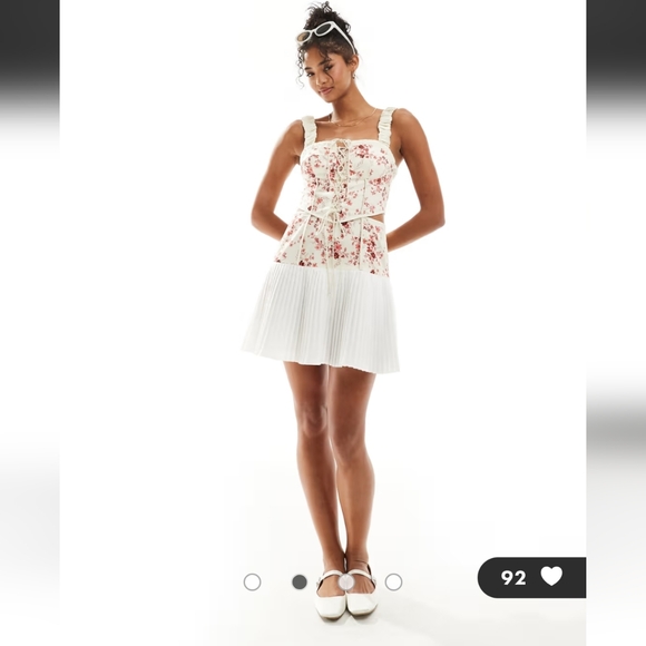 Asos Twill Corset Mini Dress With Lace Up & Pleated Skirt Floral Pink White 14 - Picture 4 of 16